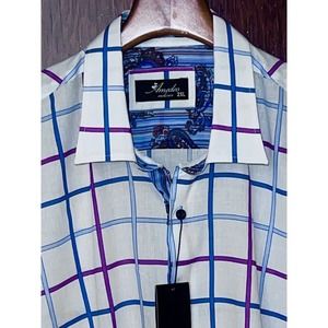 EUROPEAN AMEDEO EXCLUSIVE CHECK WHITE SLIM DRESS SHIRT 2XL FRENCH FLIP CUFFS NWT